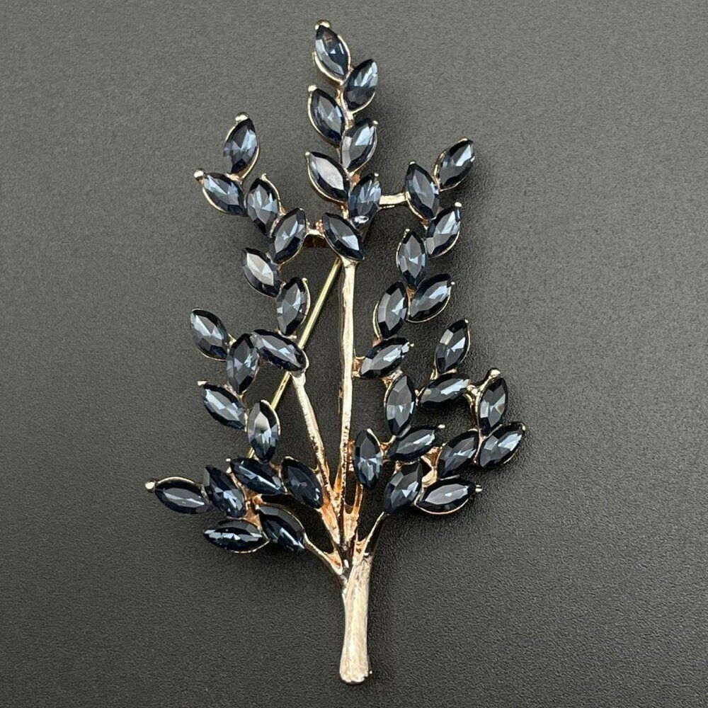 Rose Gold with Blue Sapphire Crystal Tree Branch with Leaves Pin Back Brooch